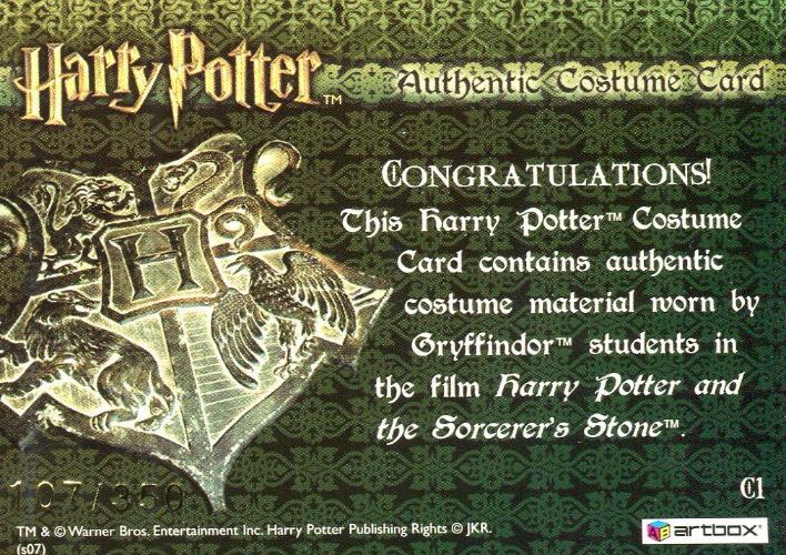 The World of Harry Potter 3D Gryffindor Students Costume Card HP C1 #107/350   - TvMovieCards.com