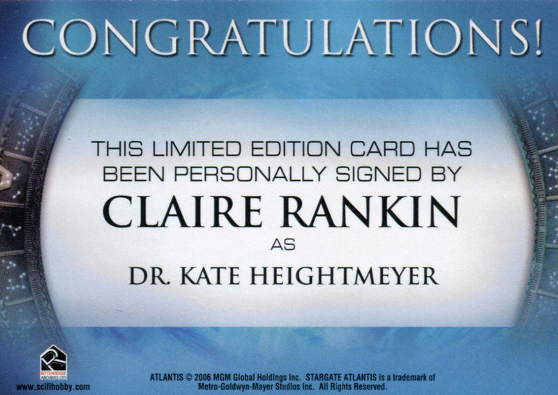 Stargate Atlantis Season Two Claire Rankin as Kate Heightmeyer Autograph Card - TvMovieCards.com