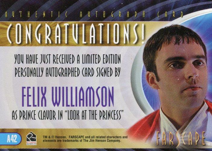 Farscape Through the Wormhole Felix Williamson Autograph Card A42   - TvMovieCards.com