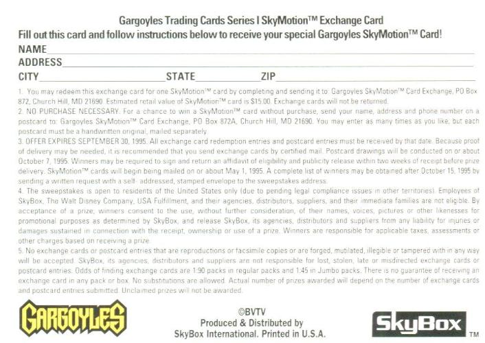 Gargoyles Series 1 Invalid Skymotion Redemption Chase Card Skybox 1995   - TvMovieCards.com