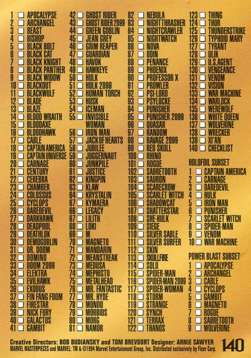 Marvel Masterpieces Gold Foil Signature Parallel Chase Card Set 1994 Fleer   - TvMovieCards.com
