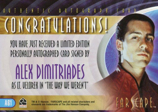 Farscape Through the Wormhole Alex Dimitriades Autograph Card A61   - TvMovieCards.com
