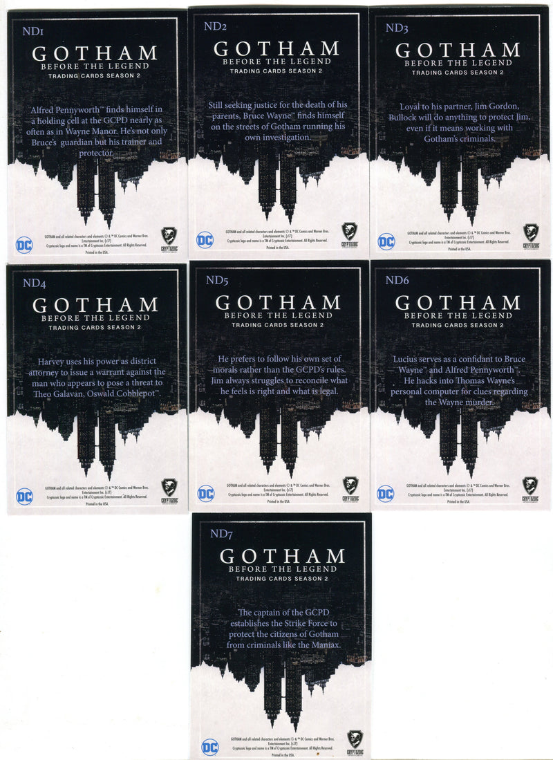 2017 Gotham Season 2 Penguin Parallel New Day, Dark Knights Chase Card Set ND1-7   - TvMovieCards.com