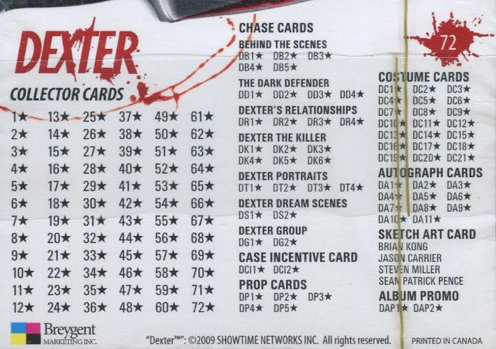 Dexter Seasons 1 & 2 Base Card Set 72 Cards Breygent 2009   - TvMovieCards.com