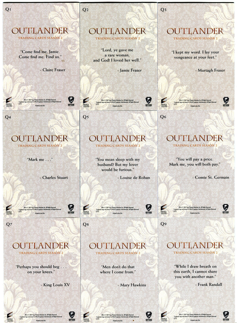 Outlander Season 2 Rainbow Foil Quotes Parallel Chase Card Set Q1-Q9   - TvMovieCards.com