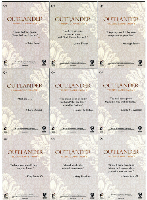 Outlander Season 2 Rainbow Foil Quotes Parallel Chase Card Set Q1-Q9   - TvMovieCards.com