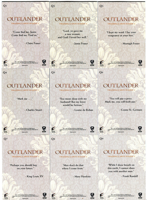 Outlander Season 2 Rainbow Foil Quotes Parallel Chase Card Set Q1-Q9   - TvMovieCards.com