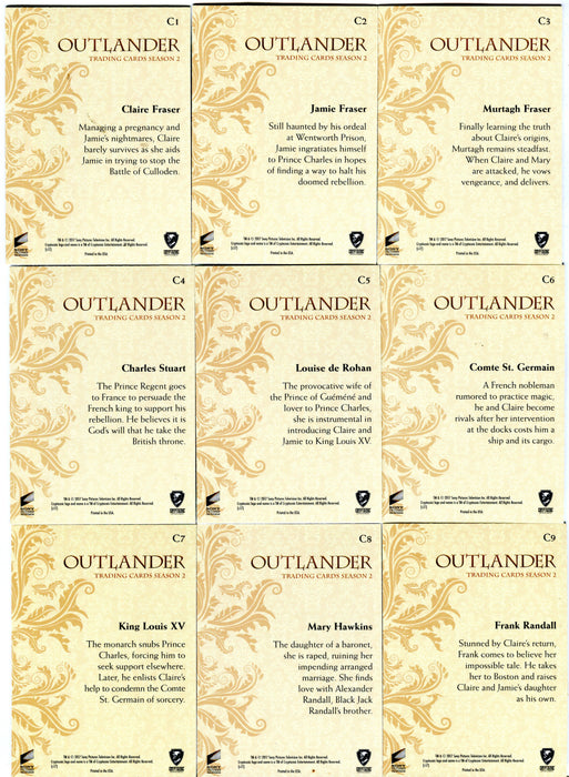 Outlander Season 2 Gold Jacobite Character Bios Parallel Chase Card Set C1-C9   - TvMovieCards.com