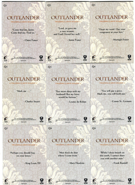 Outlander Season 2 Gold Jacobite Stamp Quotes Parallel Chase Card Set Q1-Q9   - TvMovieCards.com