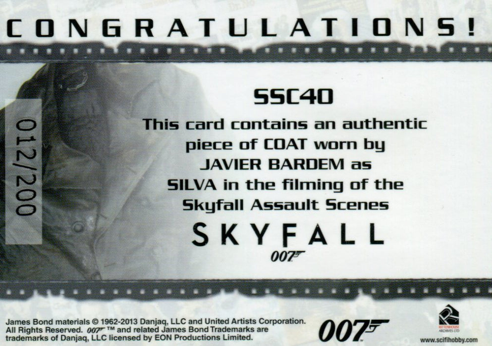 James Bond Autographs & Relics Silva Relic Costume Card SSC40 #012/200   - TvMovieCards.com