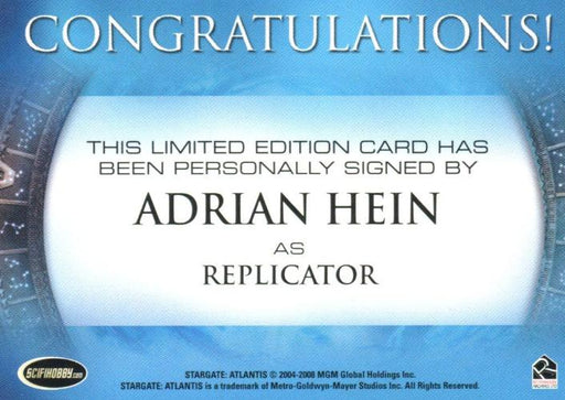 Stargate Heroes Adrian Hein as Replicator Autograph Card   - TvMovieCards.com