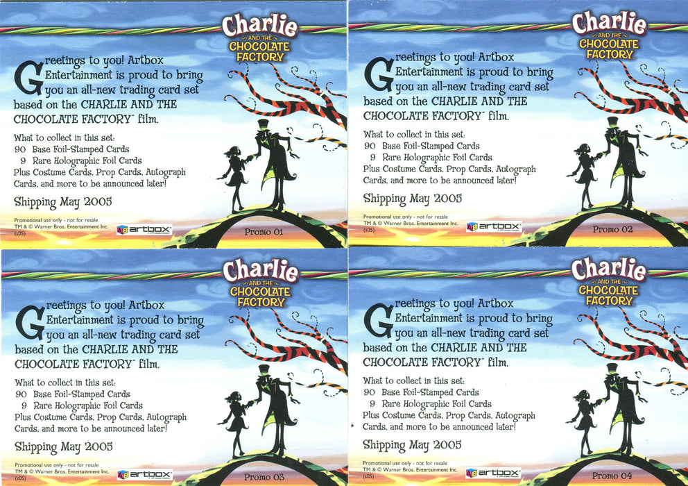 Charlie & Chocolate Factory Red Foil Stamped Promo Card Set 4 Cards Artbox 2005   - TvMovieCards.com