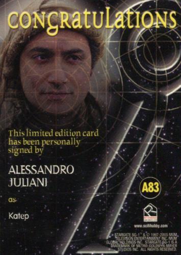 Stargate SG-1 Season Nine Alessandro Juliani Autograph Card A83   - TvMovieCards.com