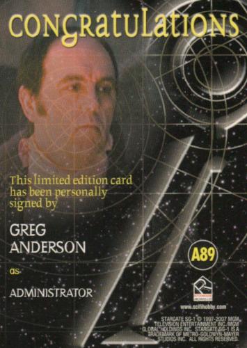 Stargate SG-1 Season Nine Greg Anderson Autograph Card A89   - TvMovieCards.com