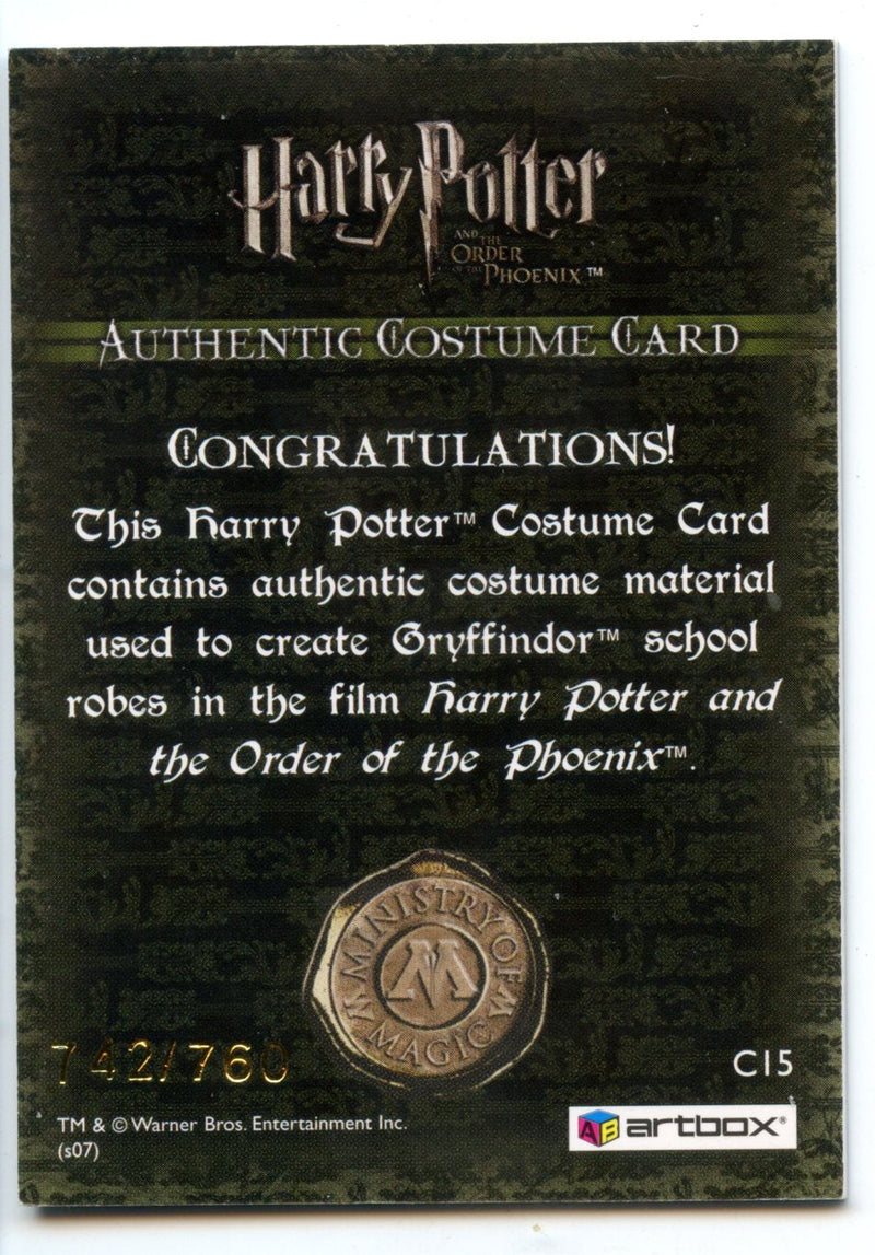 Harry Potter Order of Phoenix Gryffindor Robes Costume Card HP C15 #742/760   - TvMovieCards.com