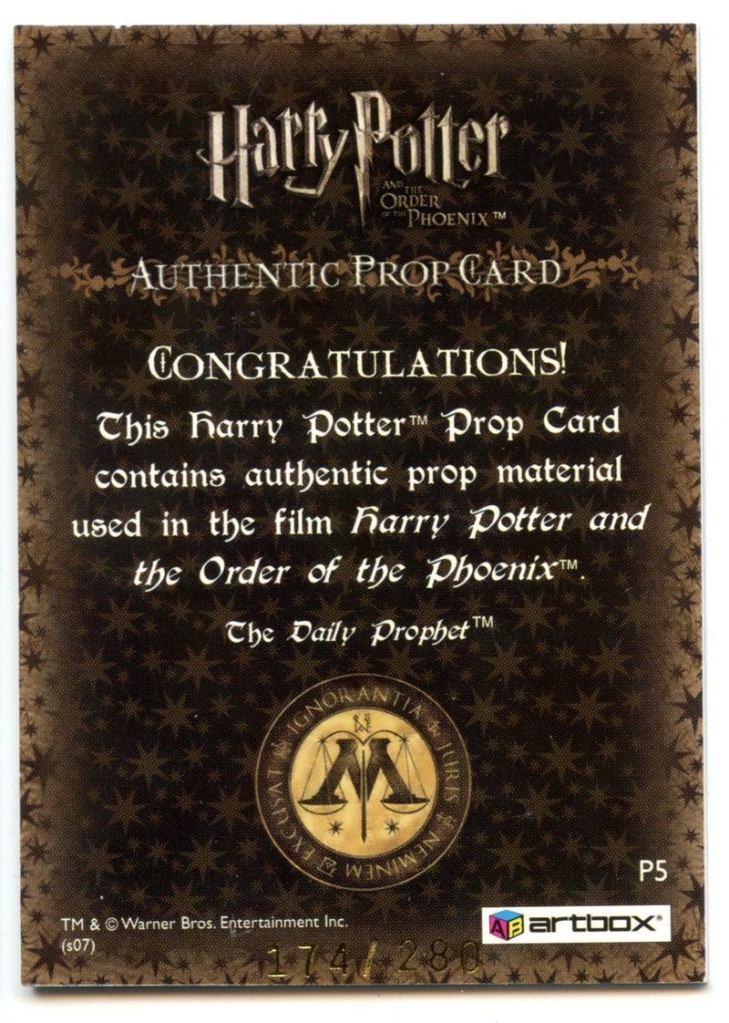 Harry Potter Order Phoenix Update Daily Prophet Prop Card P5 HP #174/280   - TvMovieCards.com