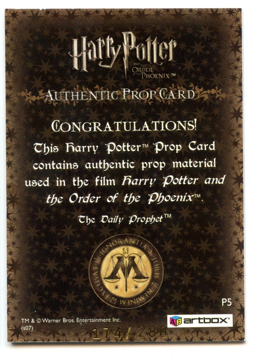 Harry Potter Order Phoenix Update Daily Prophet Prop Card P5 HP #174/280   - TvMovieCards.com