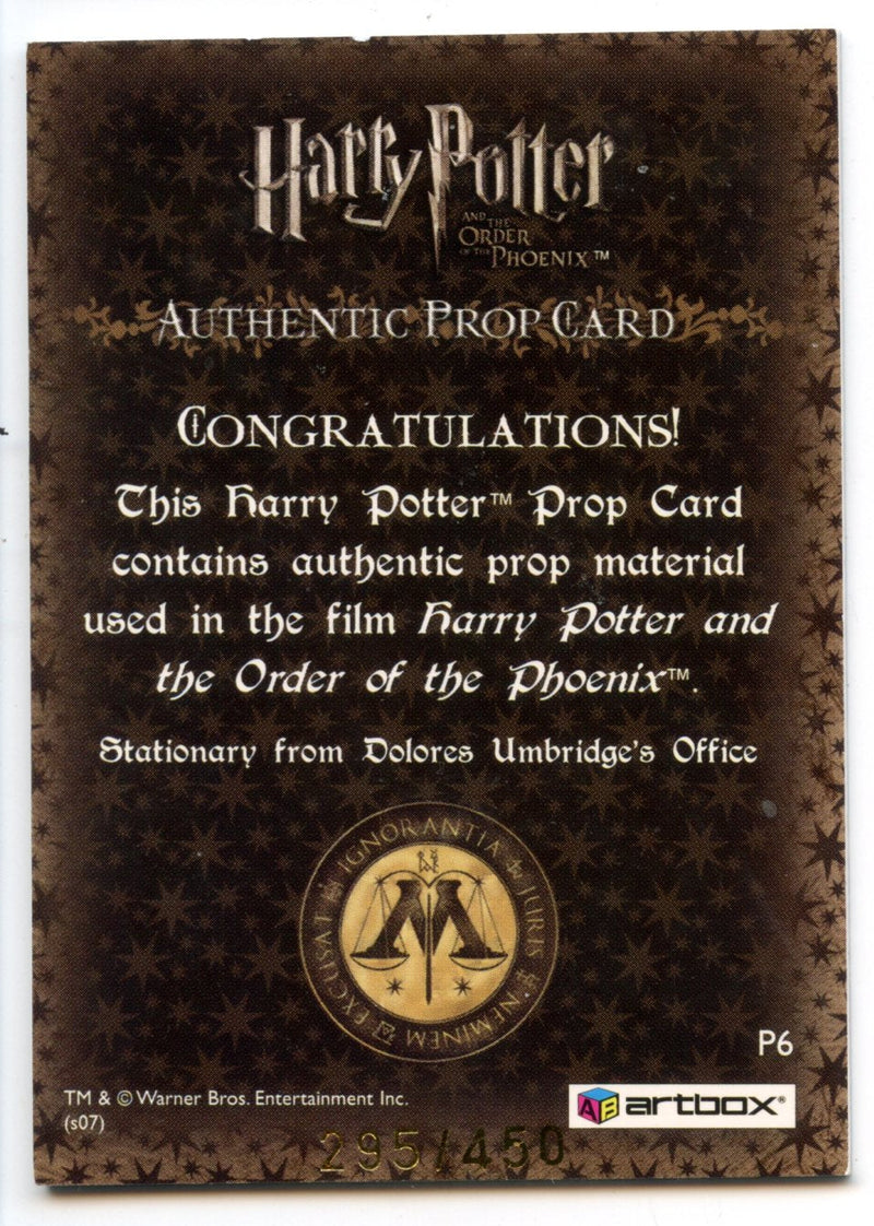 Harry Potter Order Phoenix Update Stationary Prop Card P6 HP #295/450   - TvMovieCards.com