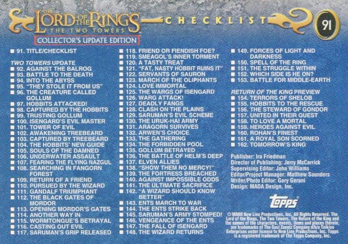 Lord of the Rings Two Towers Update Base Card Set 72 Cards   - TvMovieCards.com