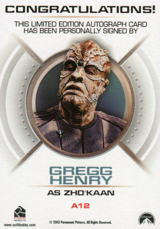 Star Trek Enterprise Season Two 2 Autograph Card Gregg Henry Zho'Kaan A12   - TvMovieCards.com