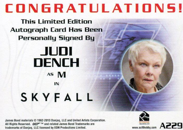 James Bond Autographs & Relics Judi Dench as M Autograph Card A229   - TvMovieCards.com