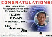 James Bond Autographs & Relics Daryl Kwan as General Han Autograph Card A232   - TvMovieCards.com