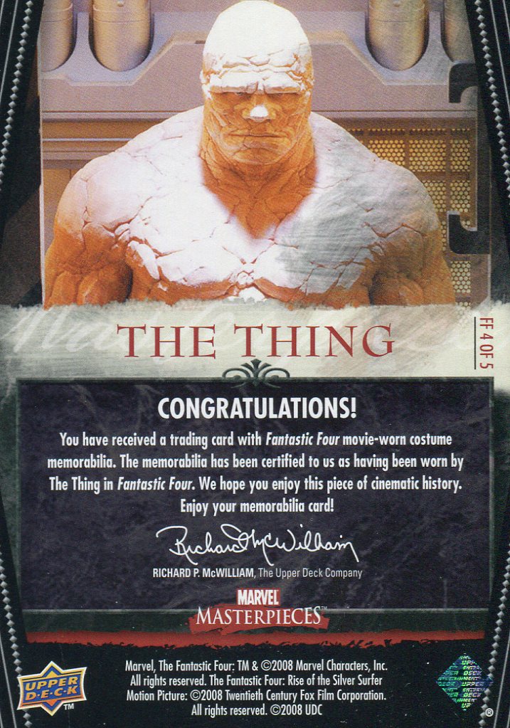 Marvel Masterpieces Two Fantastic Four Movie The Thing Costume Card FF4 of 5   - TvMovieCards.com