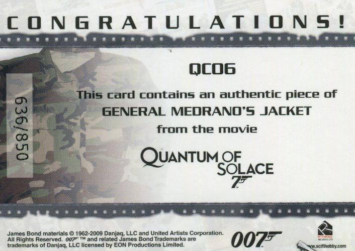 James Bond 2009 Archives General Medrano's Jacket Relic Card QC06 #636/850   - TvMovieCards.com