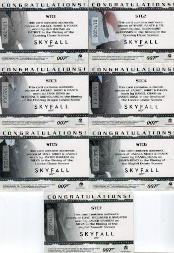 James Bond Autographs & Relics Triple Relic Costume Card Set STC1 thru STC7   - TvMovieCards.com