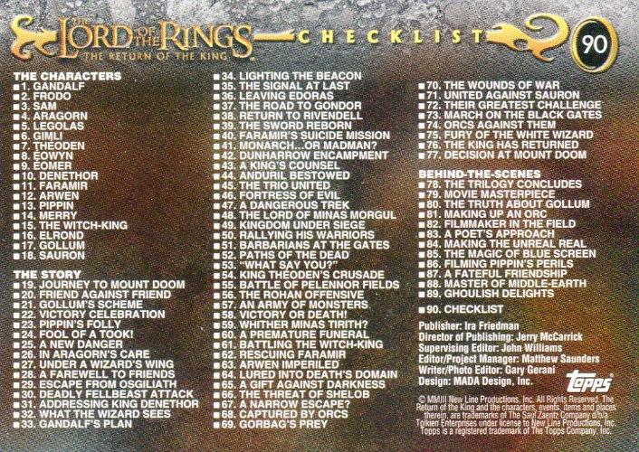 Lord of the Rings Return of King Base Card Set 90 Cards   - TvMovieCards.com