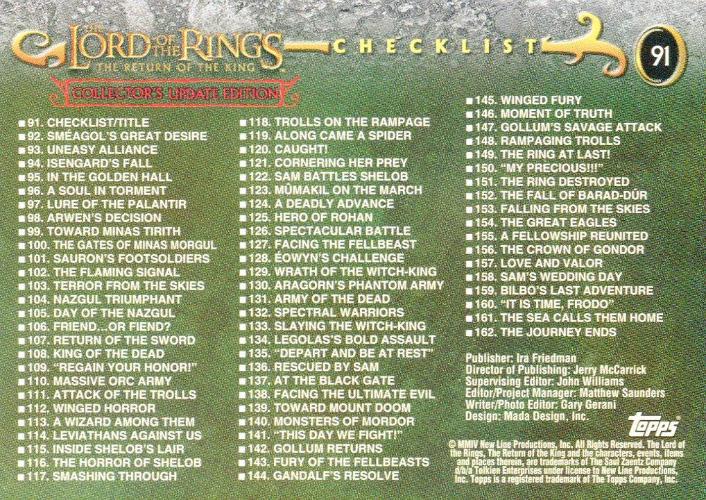 Lord of the Rings Return of King Update Base Card Set 72 Cards   - TvMovieCards.com
