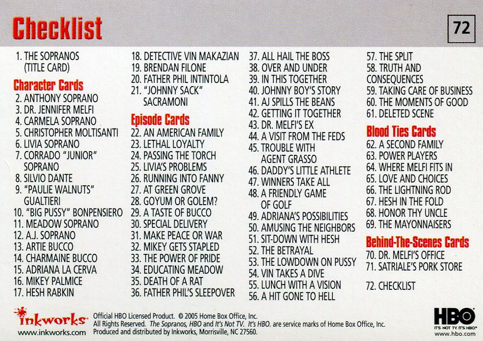 Sopranos Season One Base Card Set 72 Cards Inkworks 2005 HBO TV