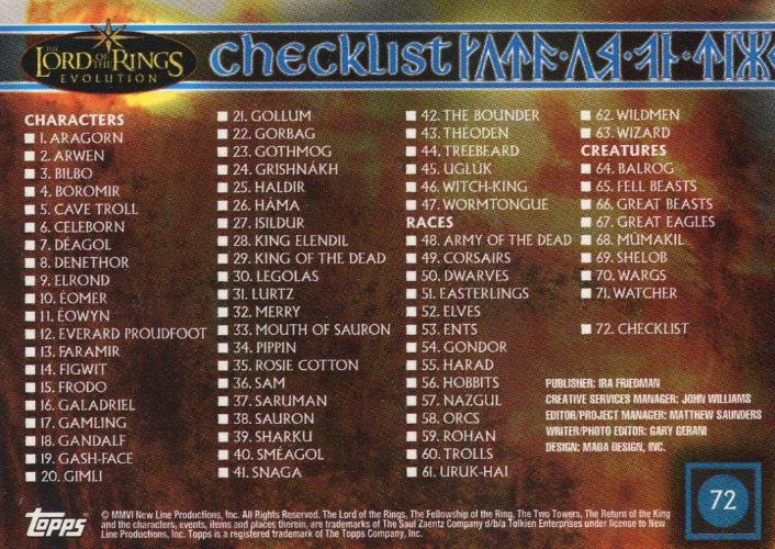 Lord of the Rings Evolution Base Card Set 72 Cards Topps 2006 - TvMovieCards.com