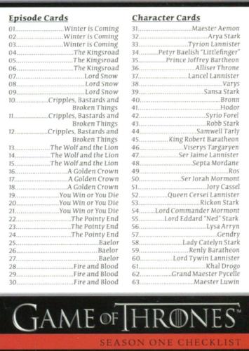 Game of Thrones Season 1 Base Card Set 72 Cards   - TvMovieCards.com