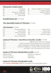 Game of Thrones Season 1 Base Card Set 72 Cards   - TvMovieCards.com