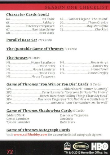 Game of Thrones Season 1 Base Card Set 72 Cards   - TvMovieCards.com