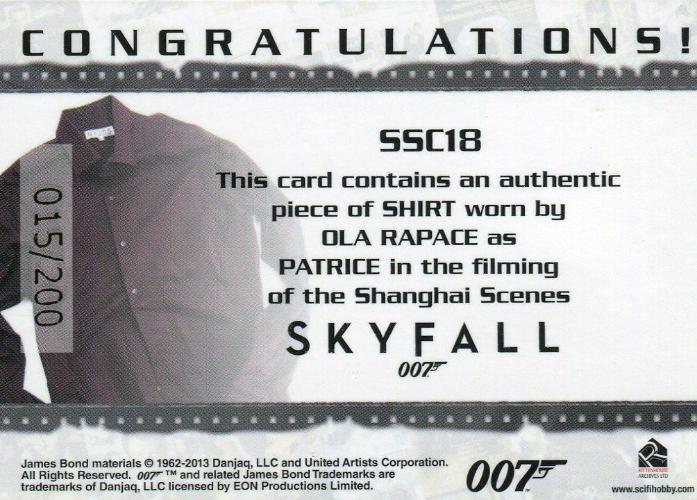 James Bond Autographs & Relics Patrice Relic Costume Card SSC18 #015/200   - TvMovieCards.com