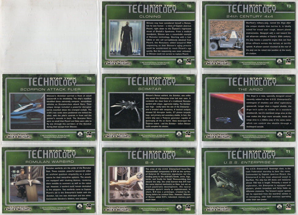STAR TREK NEMESIS 2002 Complete "TECHNOLOGY" Foil CHASE CARD SET (T1-T8)   - TvMovieCards.com