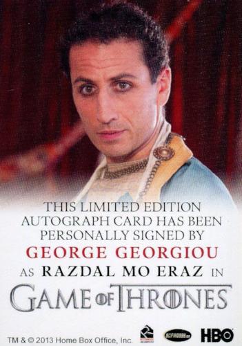Game of Thrones Season 3 George Georgiou as Razdal Mo Eraz Autograph Card   - TvMovieCards.com