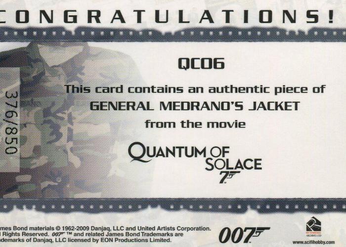 James Bond 2009 Archives General Medrano's Jacket Relic Card QC06 #376/850   - TvMovieCards.com