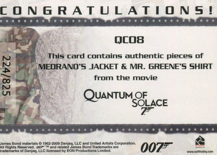 James Bond 2009 Archives Medrano & Mr. Green Double Relic Card QC08 #224/825   - TvMovieCards.com