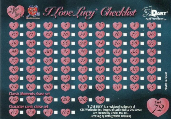 Lucy I Love Lucy 50th Anniversary Base Card Set 72 Cards Dart Flipcards 2001   - TvMovieCards.com