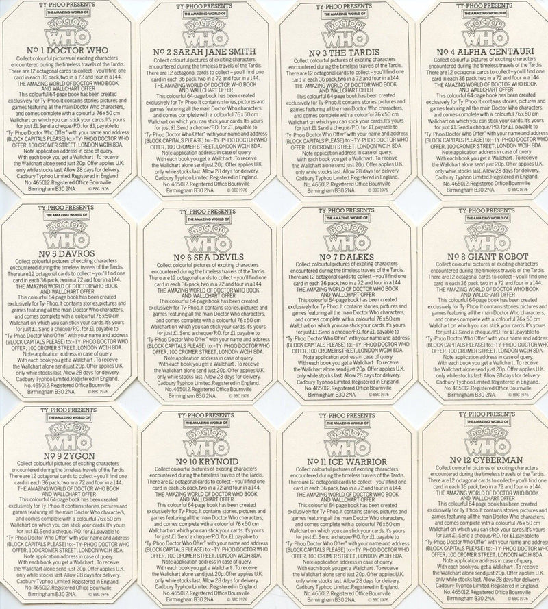1976 Doctor Who UK Card Set 12 Cards Cadbury Ty Phoo Ty-Phoo   - TvMovieCards.com