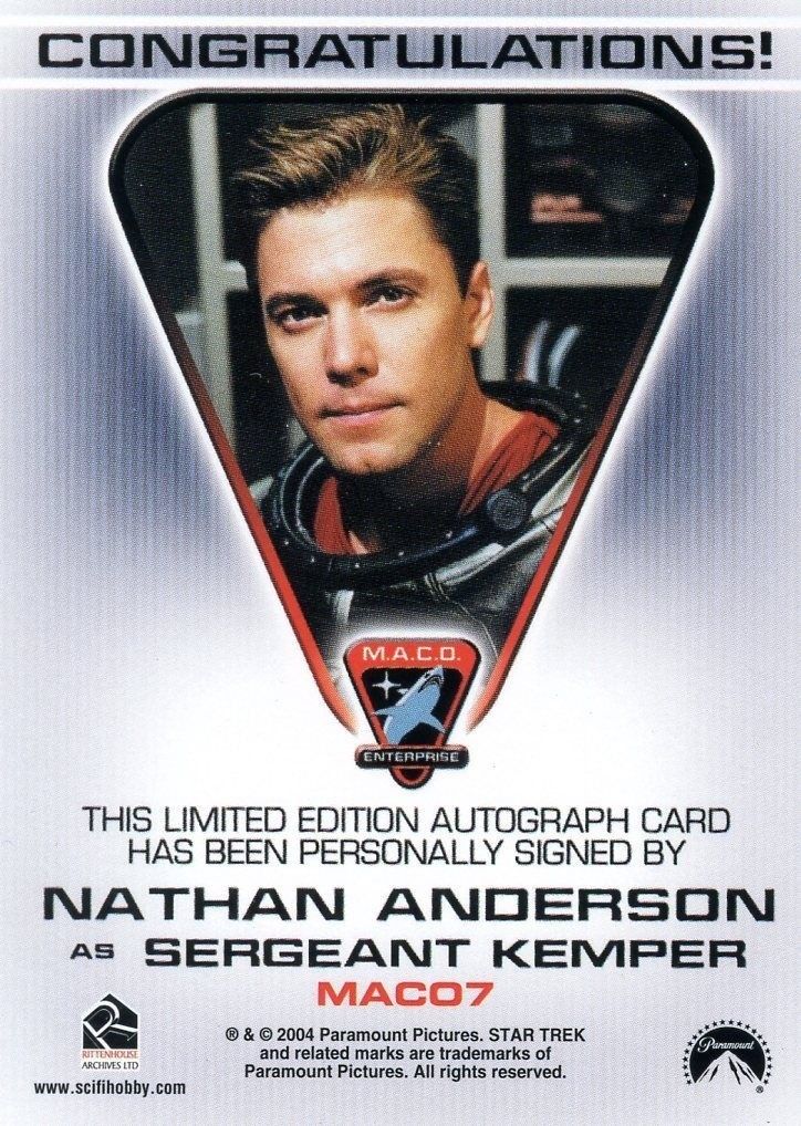 Star Trek Enterprise Season 3 Autograph Card Nathan Anderson Sgt Kemper MAC07   - TvMovieCards.com