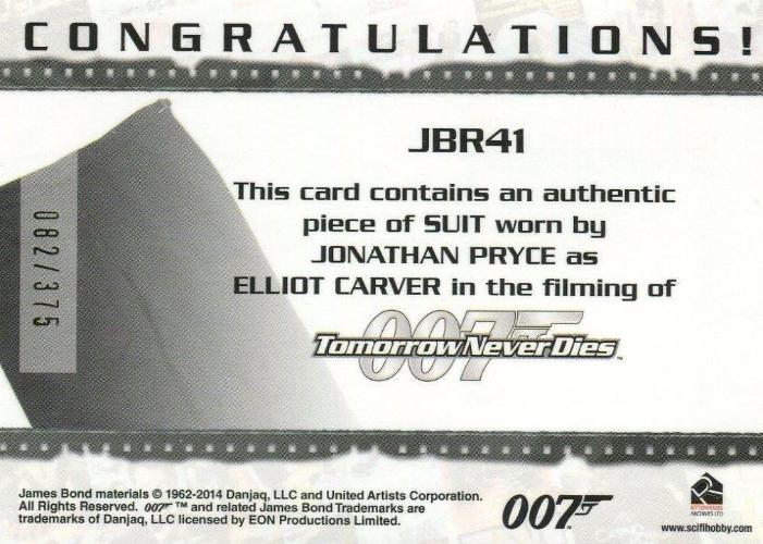 James Bond Archives 2014 Edition Elliot Carver's Suit Relic Card JBR41 #082/375   - TvMovieCards.com