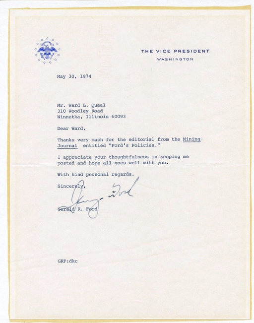 Original Signature Letter Vice President Gerald Ford May 30, 1974   - TvMovieCards.com