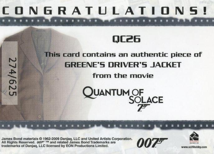 James Bond 2009 Archives Greene's Driver's Jacket Relic Card QC26 #274/625   - TvMovieCards.com