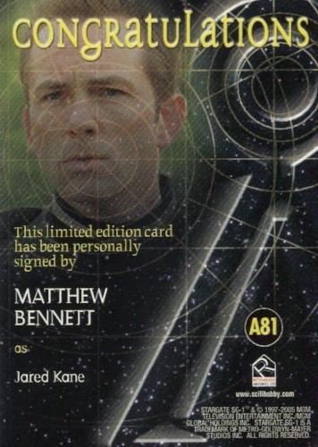 Stargate SG-1 Season Nine Matthew Bennett Autograph Card A81   - TvMovieCards.com