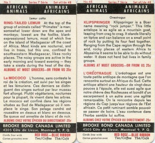 1964 Brooke Bond Canada Limited African Animals Vintage Card Set 48 Cards   - TvMovieCards.com