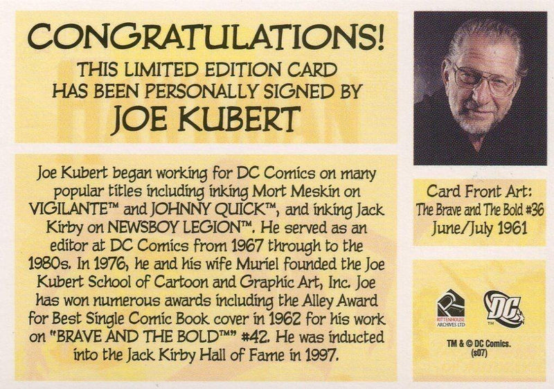 DC Legacy Card Album Joe Kubert Autograph and Promo Card P3 DC Comics   - TvMovieCards.com